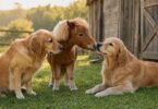 Petit cheval miniature entouré de deux Golden Retrievers dans une ferme