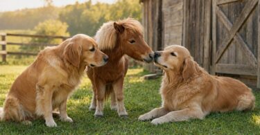 Petit cheval miniature entouré de deux Golden Retrievers dans une ferme